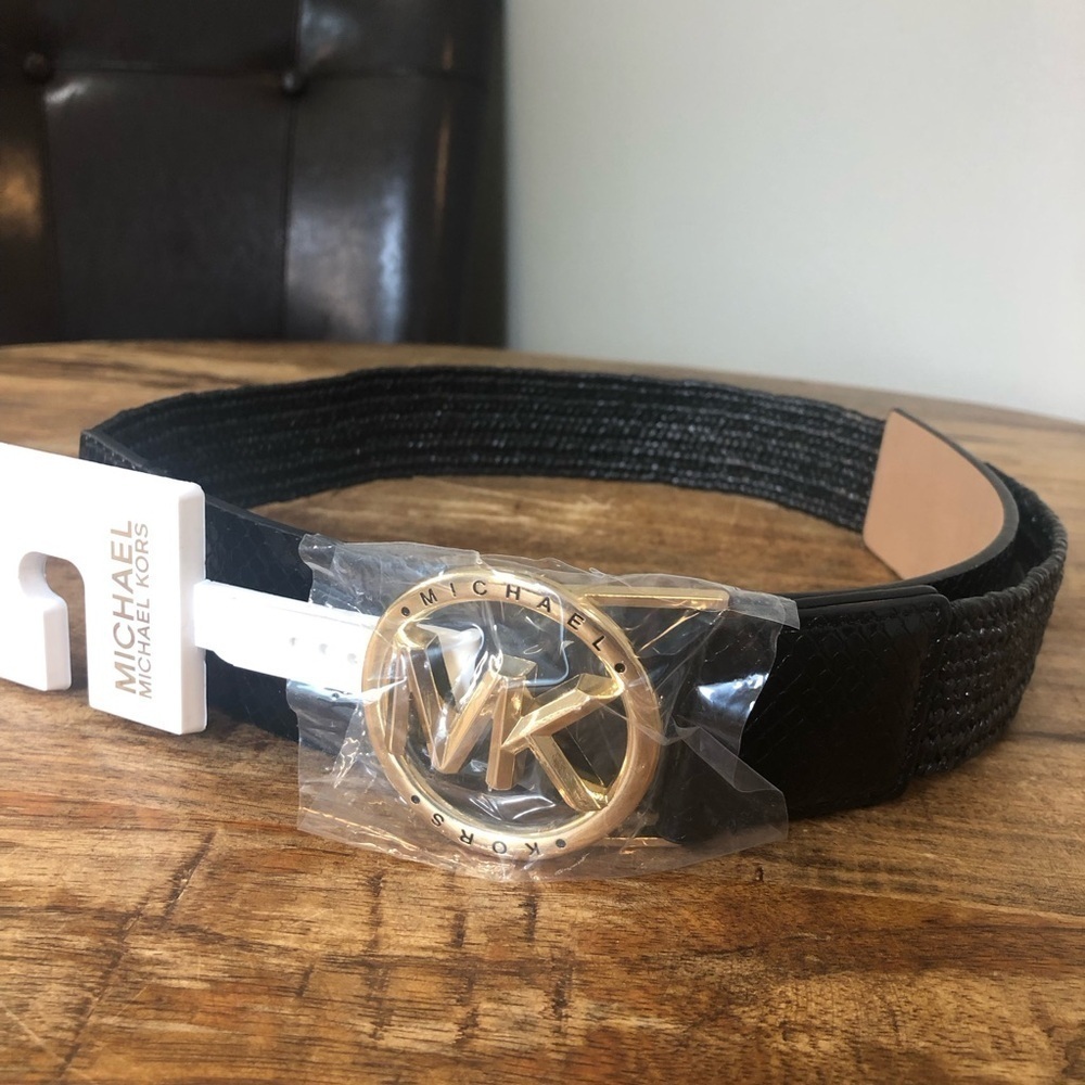 Michale Kors gold toned MK stretch belt, women size medium, brand new with tag